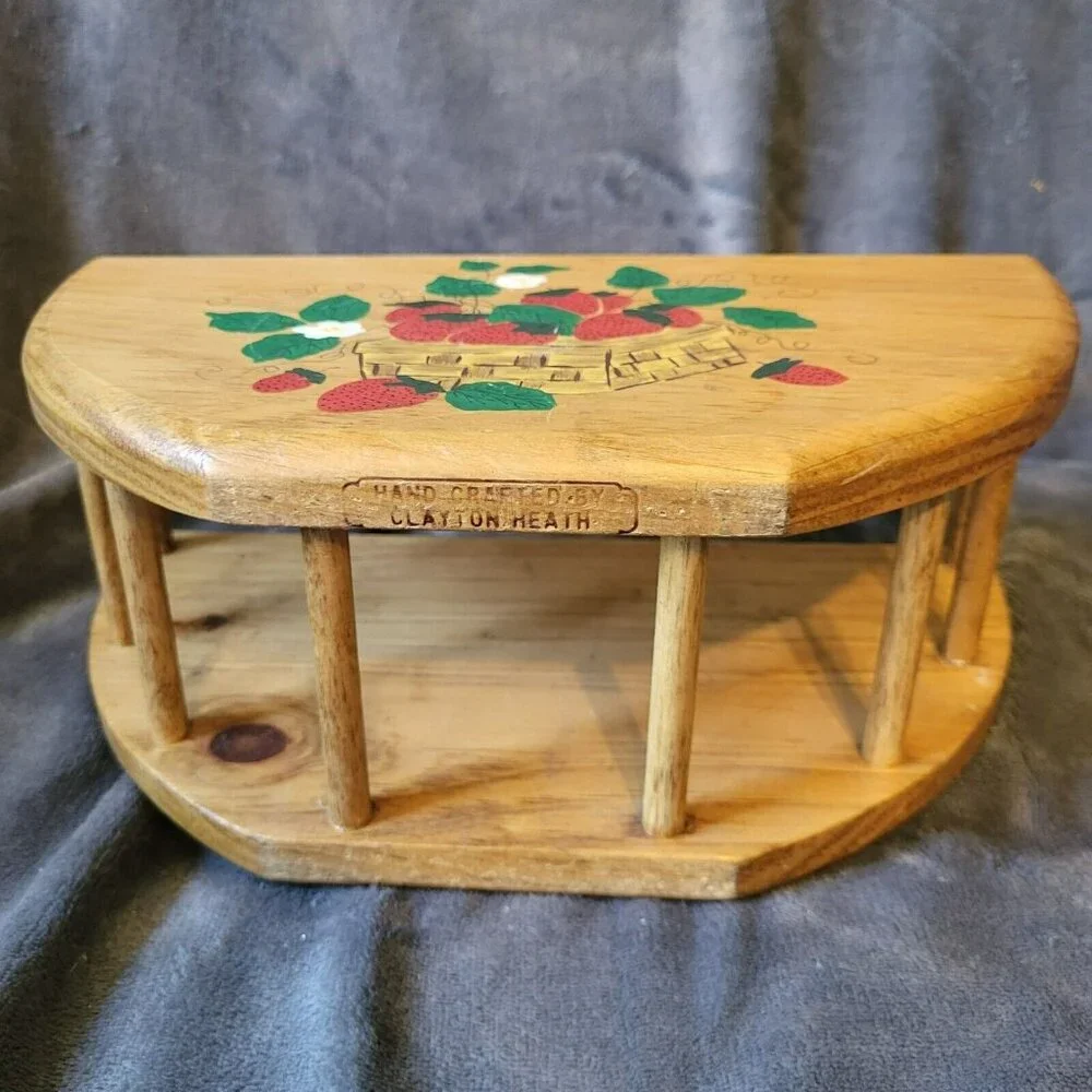 Vintage Hand Crafted  Wooden Basket Hand Painted Strawberries. Signed